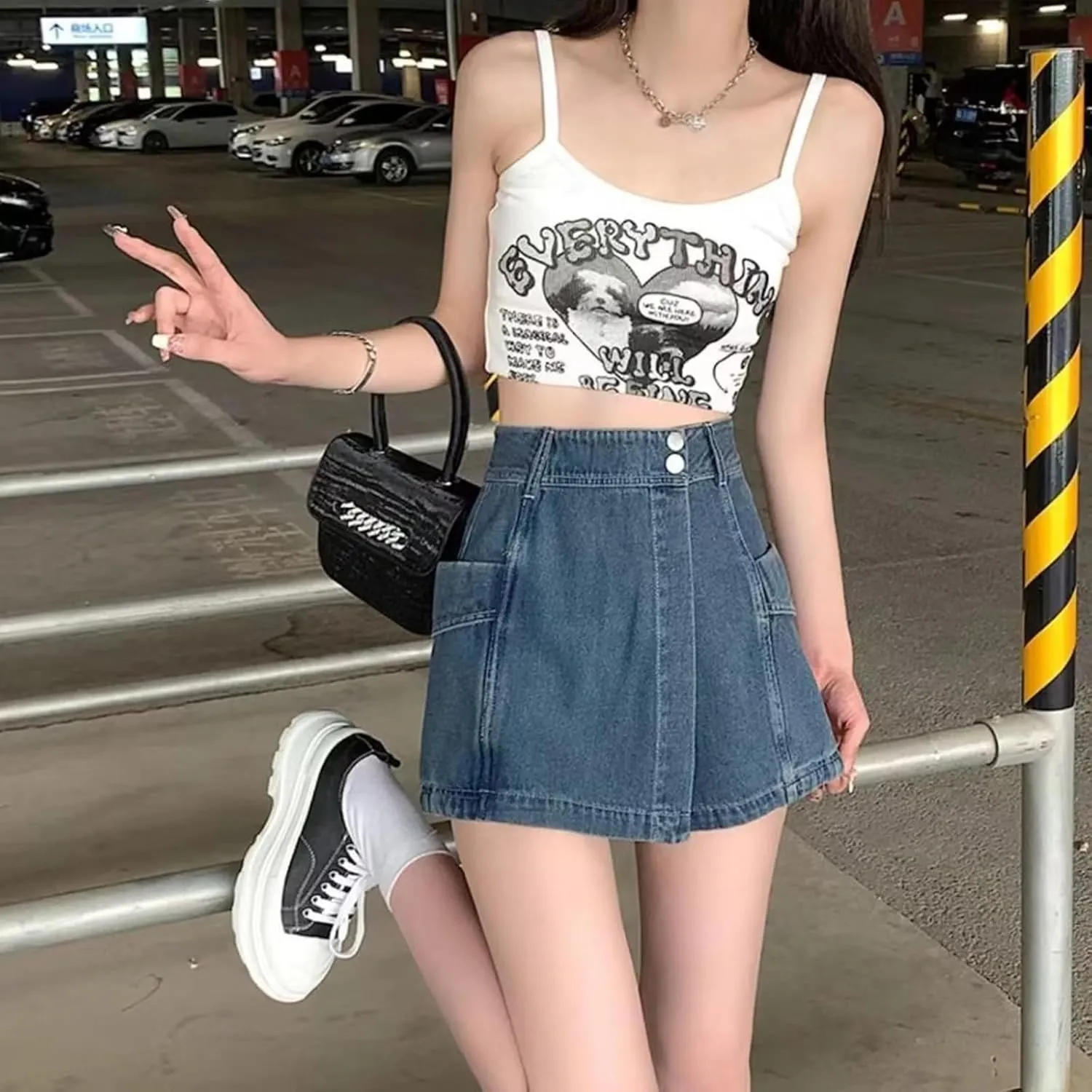 Trendy 2 in 1 Jean Skorts High Waisted A Line Slim-Fit Skirt Shorts Irregular Streetwear Comfy Casual Denim Shorts