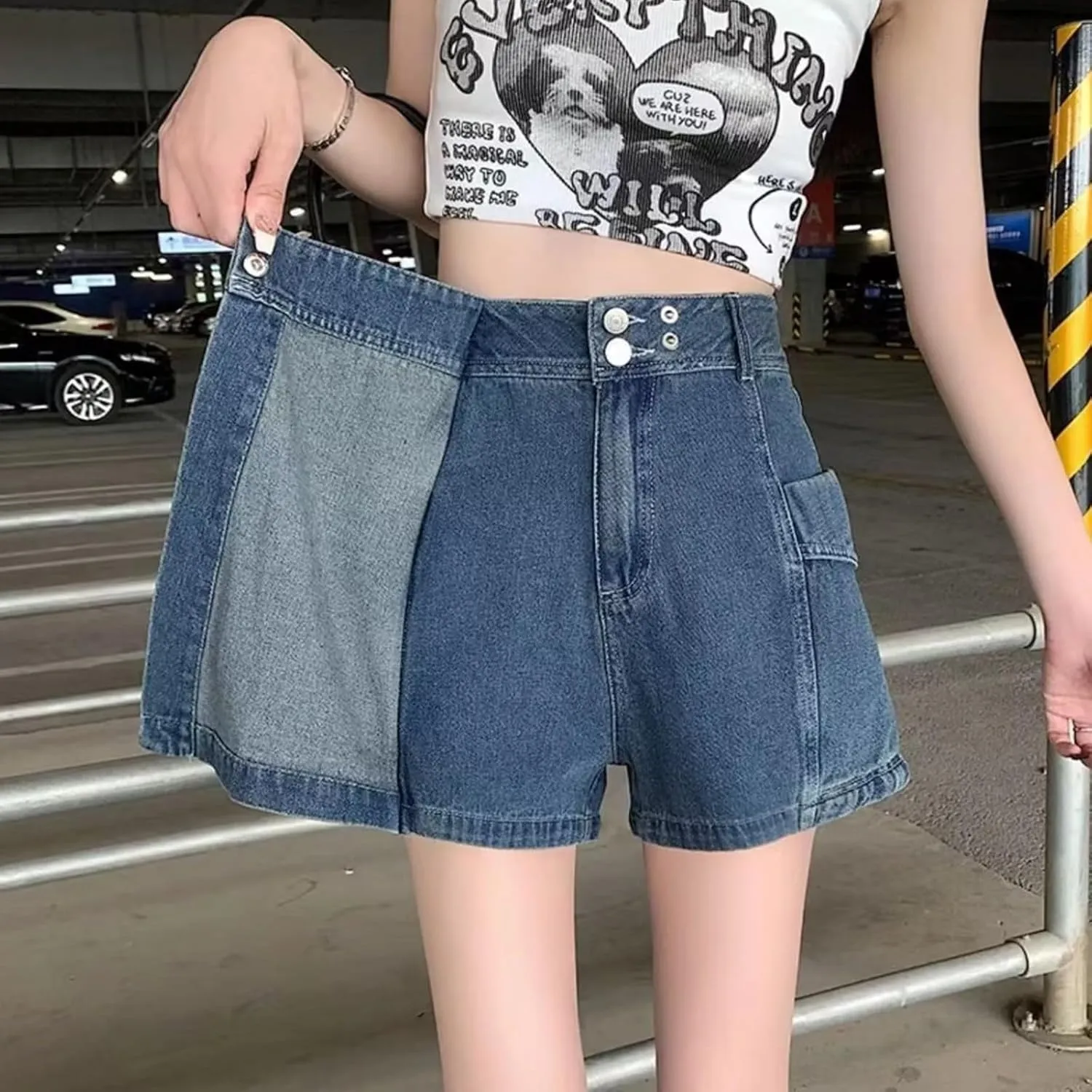 Trendy 2 in 1 Jean Skorts High Waisted A Line Slim-Fit Skirt Shorts Irregular Streetwear Comfy Casual Denim Shorts