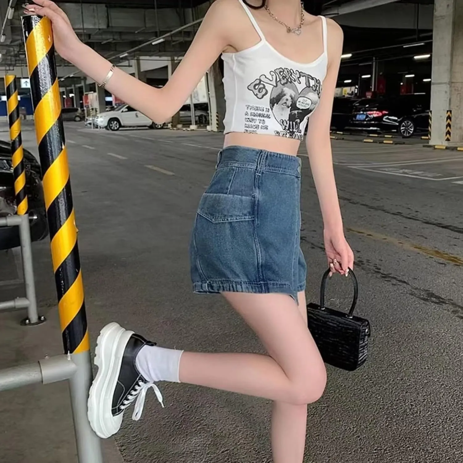 Trendy 2 in 1 Jean Skorts High Waisted A Line Slim-Fit Skirt Shorts Irregular Streetwear Comfy Casual Denim Shorts