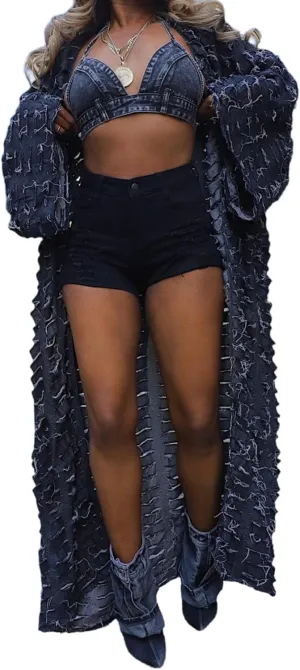Vaceky Denim Duster Cardigans Women Y2K Distressed Lightweight Ripped Jean Long Jackets