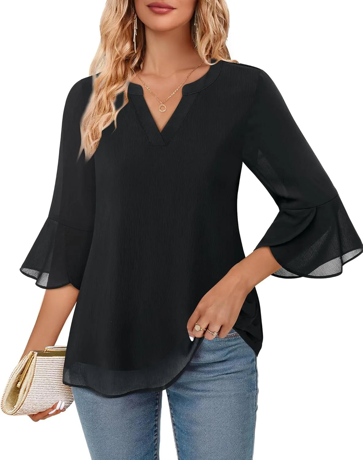 VALOLIA Womens 3/4 Sleeve Tops Dressy Casual Chiffon Blouses Floral Print V-Neck Work Office Shirts