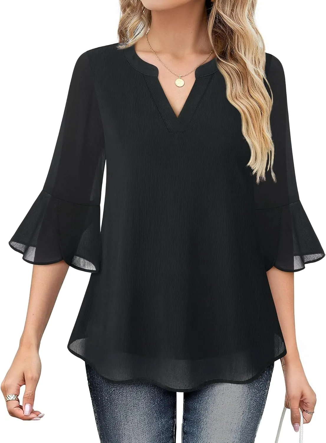 VALOLIA Womens 3/4 Sleeve Tops Dressy Casual Chiffon Blouses Floral Print V-Neck Work Office Shirts