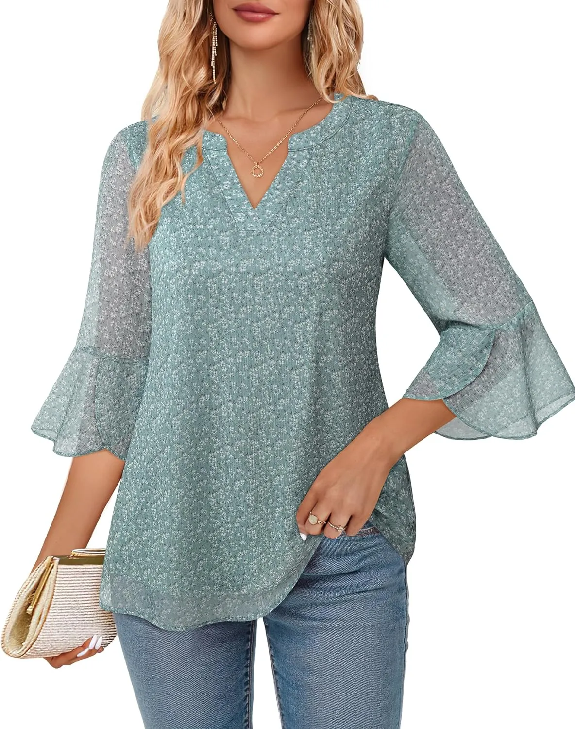VALOLIA Womens 3/4 Sleeve Tops Dressy Casual Chiffon Blouses Floral Print V-Neck Work Office Shirts