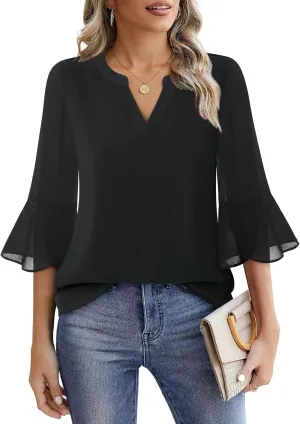 VALOLIA Womens 3/4 Sleeve Tops Dressy Casual Chiffon Blouses Floral Print V-Neck Work Office Shirts