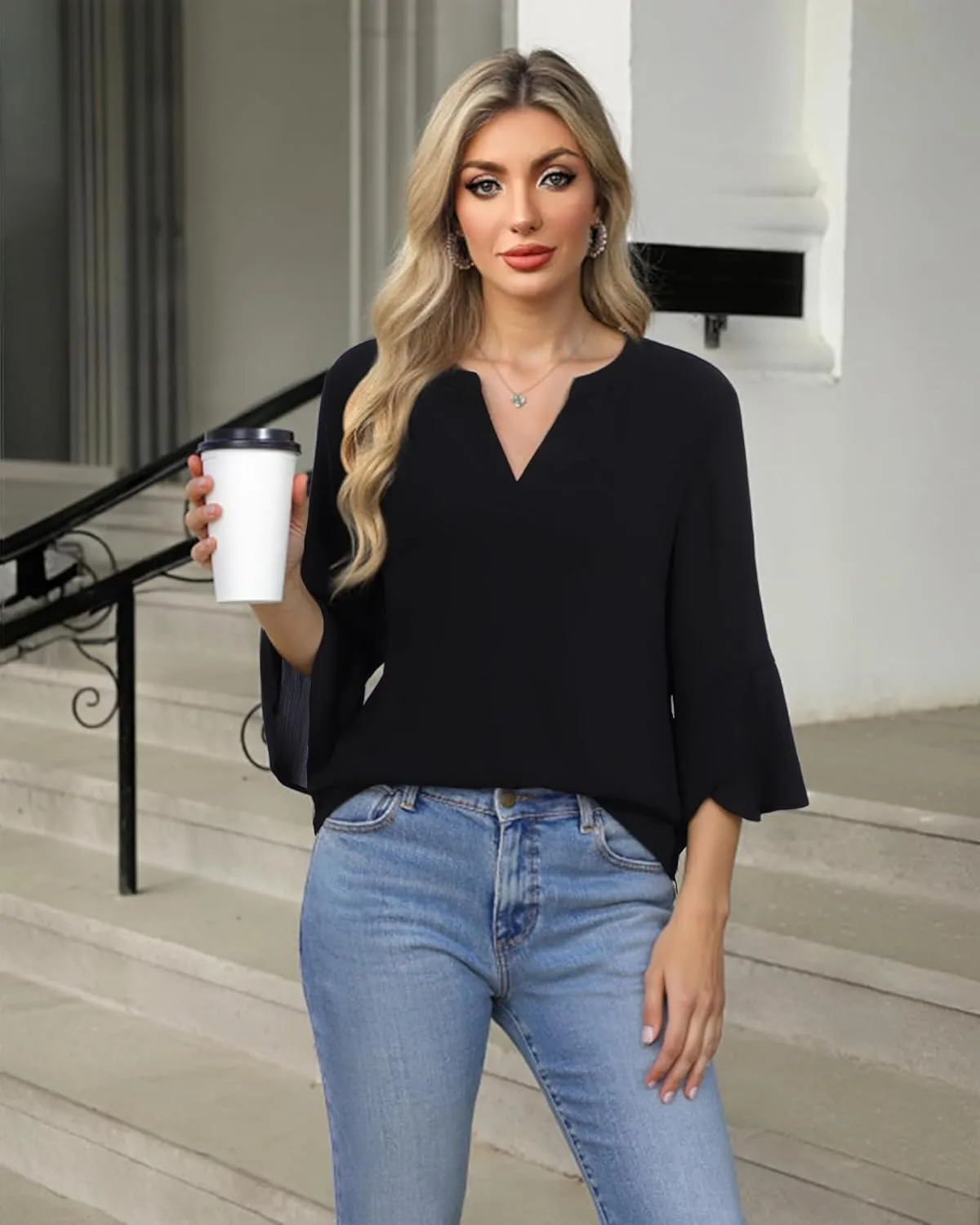 VALOLIA Womens 3/4 Sleeve Tops Dressy Casual Chiffon Blouses Floral Print V-Neck Work Office Shirts