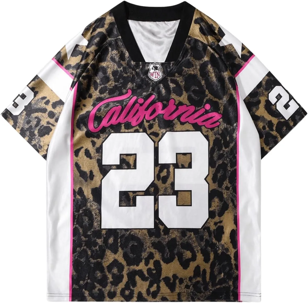 WDIRARA Men's Cheetah Letter Graphic Tees Oversized V Neck Short Sleeve Jersey T Shirt Tops