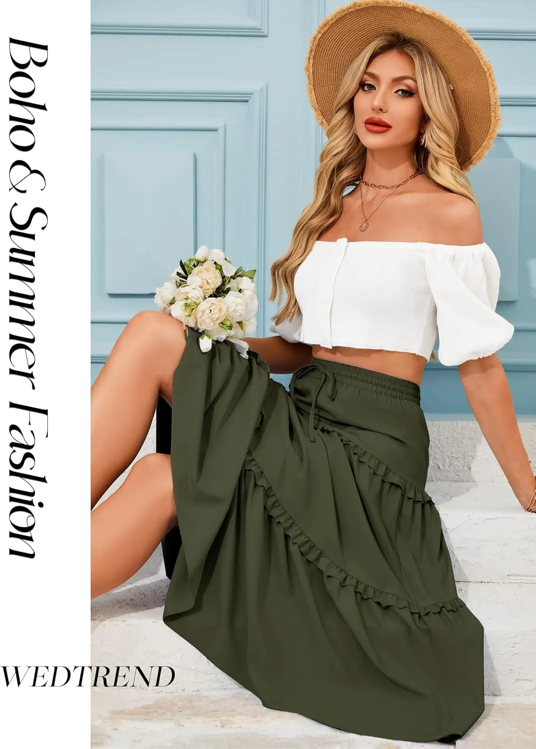 Wedtrend Women's Summer Midi Skirt Tiered Boho Skirts Flowy Skirt Casual Beach Long Skirts