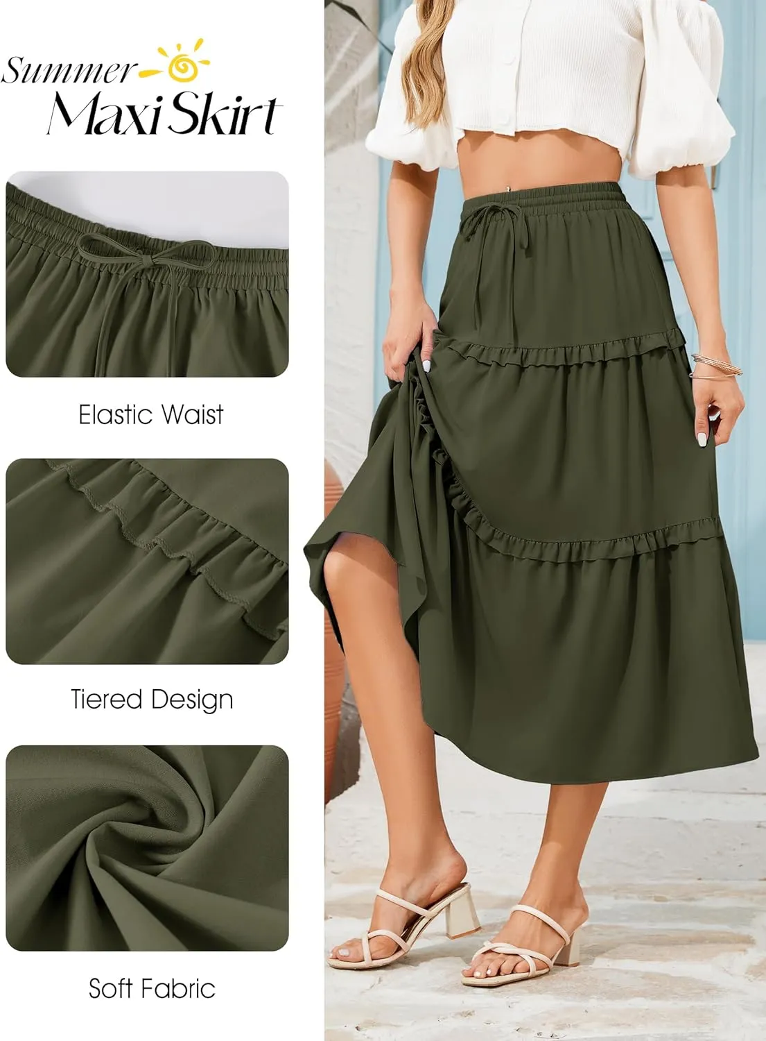 Wedtrend Women's Summer Midi Skirt Tiered Boho Skirts Flowy Skirt Casual Beach Long Skirts