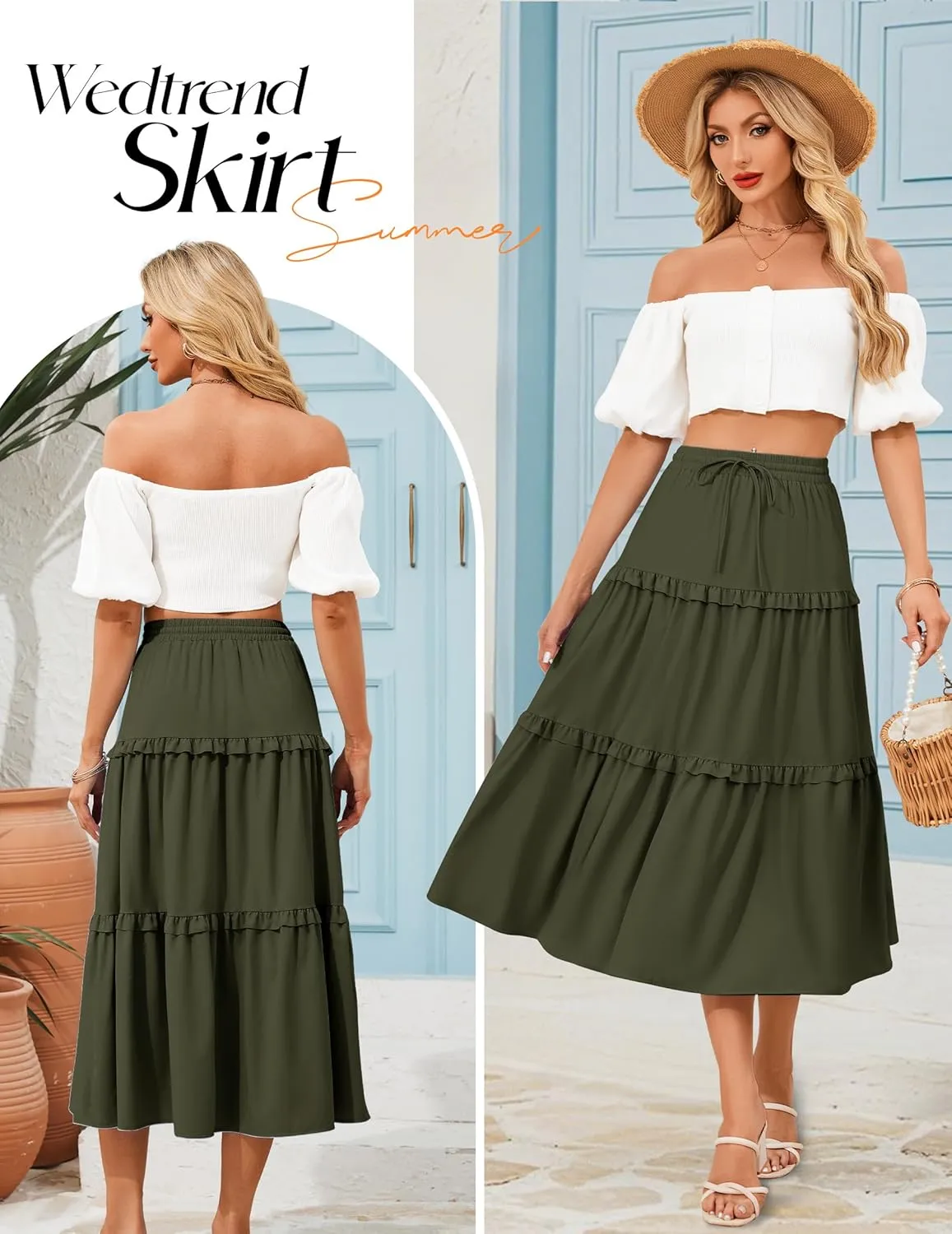Wedtrend Women's Summer Midi Skirt Tiered Boho Skirts Flowy Skirt Casual Beach Long Skirts