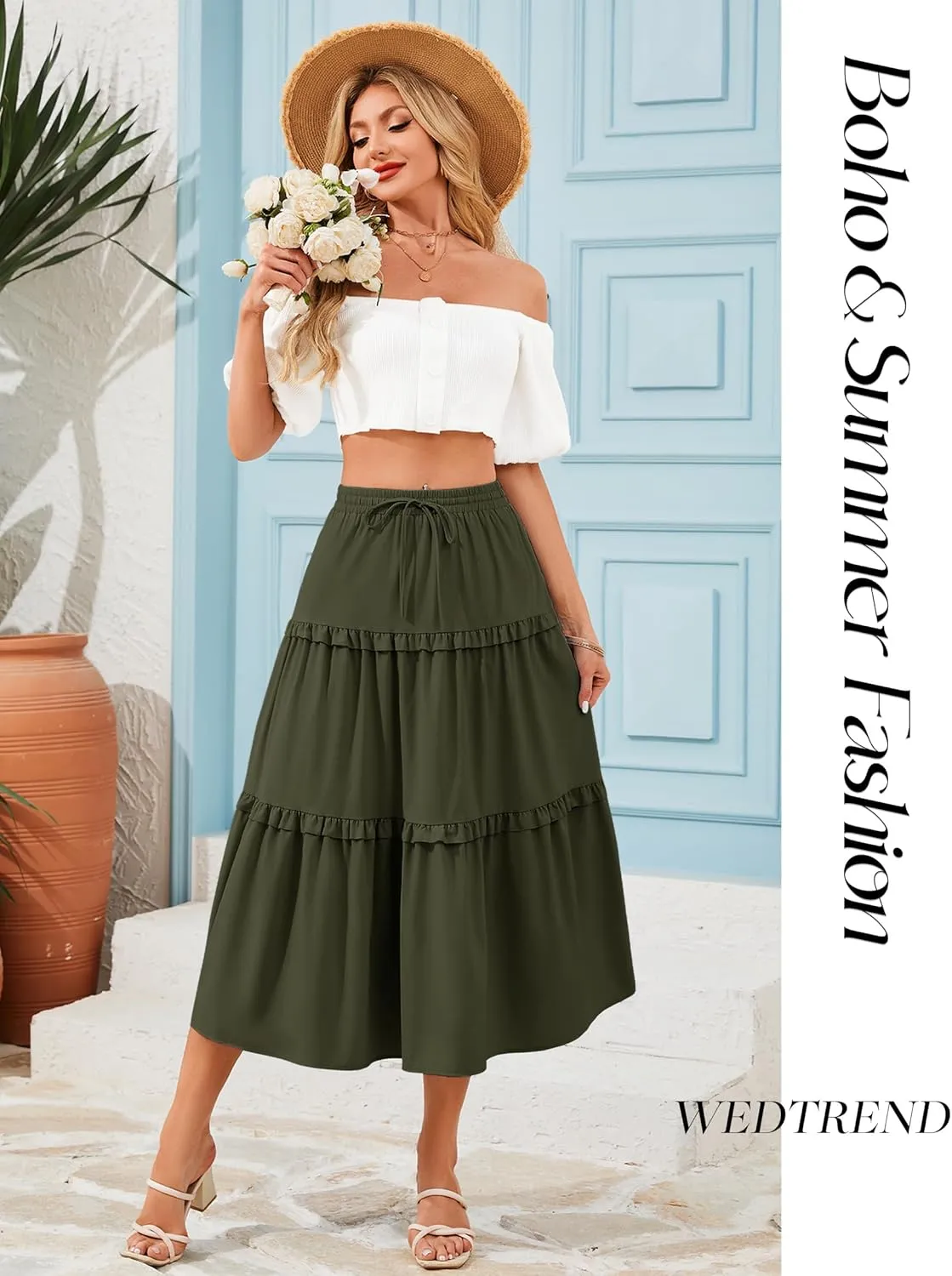 Wedtrend Women's Summer Midi Skirt Tiered Boho Skirts Flowy Skirt Casual Beach Long Skirts
