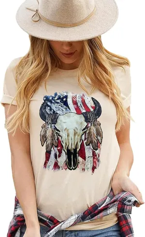 Western Cowboy Graphic Tees for Women Vintage Cow Skull Short Sleeve T Shirt Country Music Cowgirs Tops
