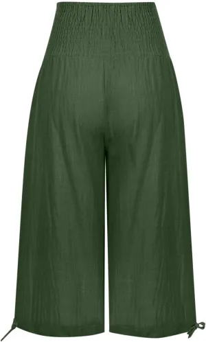 Wide Leg Capri Pants Women Summer Linen High Waisted Lounge Pants Drawstring Straight Leg Trousers Loose Comfy for Ladies
