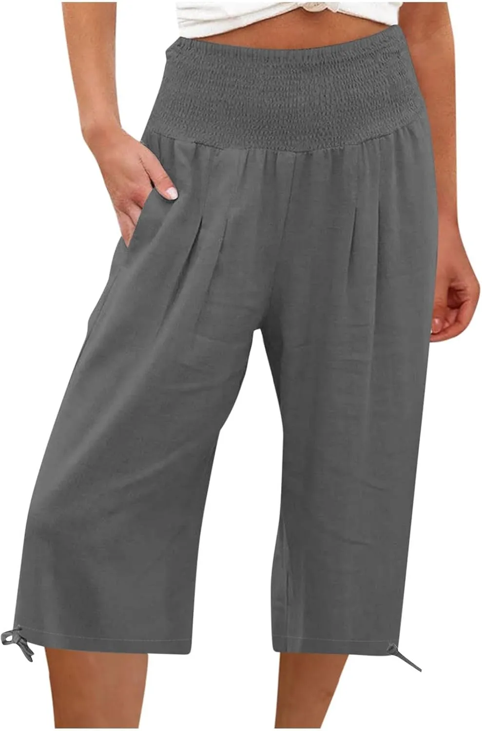Wide Leg Capri Pants Women Summer Linen High Waisted Lounge Pants Drawstring Straight Leg Trousers Loose Comfy for Ladies