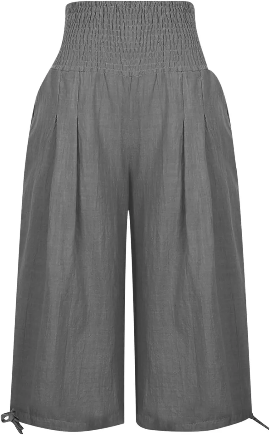 Wide Leg Capri Pants Women Summer Linen High Waisted Lounge Pants Drawstring Straight Leg Trousers Loose Comfy for Ladies