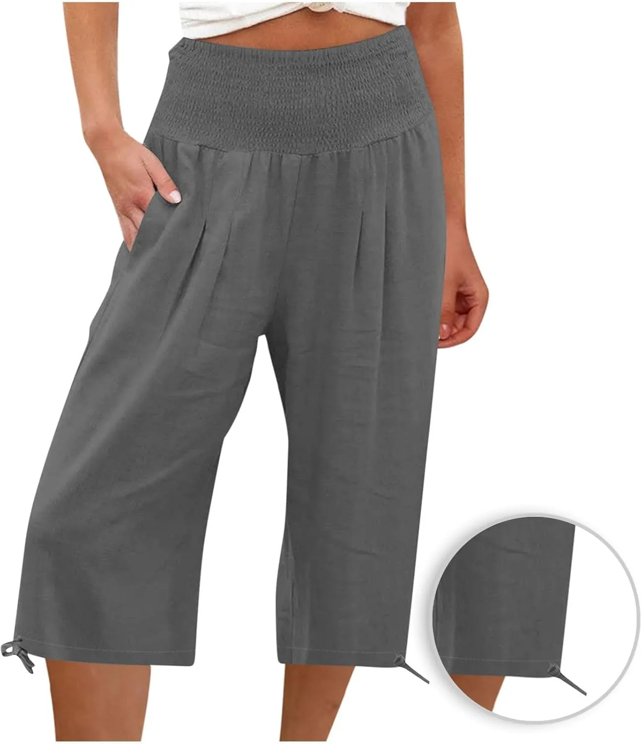 Wide Leg Capri Pants Women Summer Linen High Waisted Lounge Pants Drawstring Straight Leg Trousers Loose Comfy for Ladies
