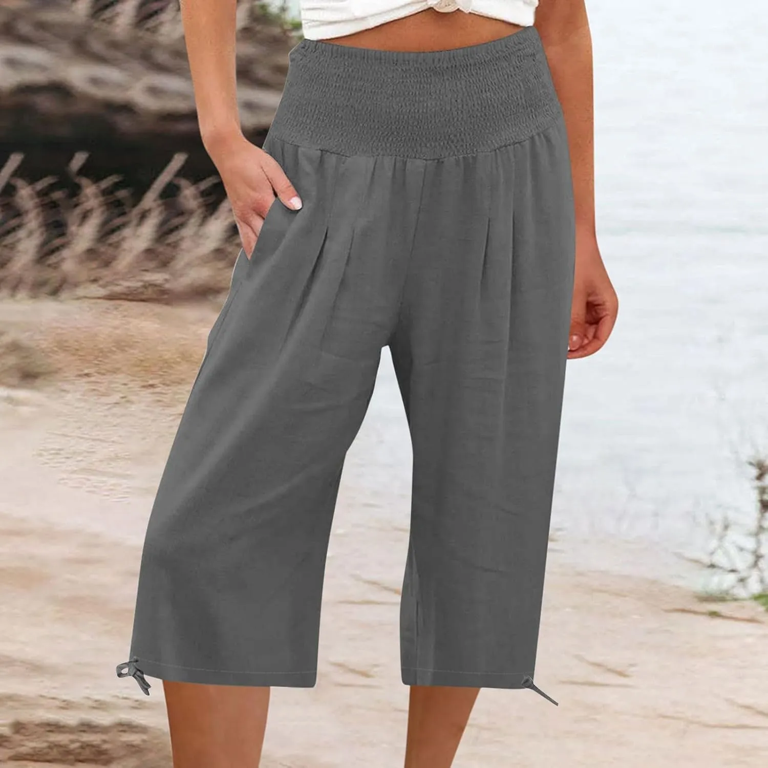 Wide Leg Capri Pants Women Summer Linen High Waisted Lounge Pants Drawstring Straight Leg Trousers Loose Comfy for Ladies