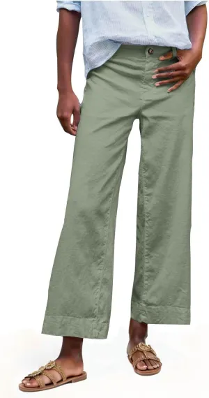Wide Leg Dress Pants for Women High Waisted Business Work Casual Pants Summer Comfy Cropped Linen Palazzo Trousers