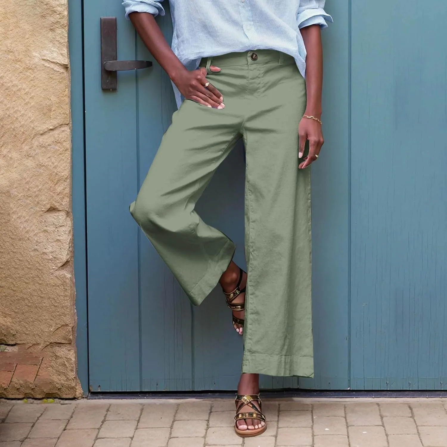 Wide Leg Dress Pants for Women High Waisted Business Work Casual Pants Summer Comfy Cropped Linen Palazzo Trousers