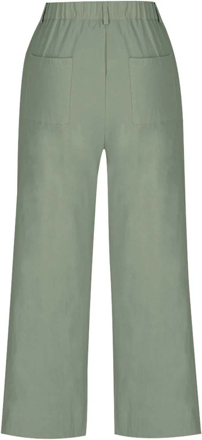 Wide Leg Dress Pants for Women High Waisted Business Work Casual Pants Summer Comfy Cropped Linen Palazzo Trousers