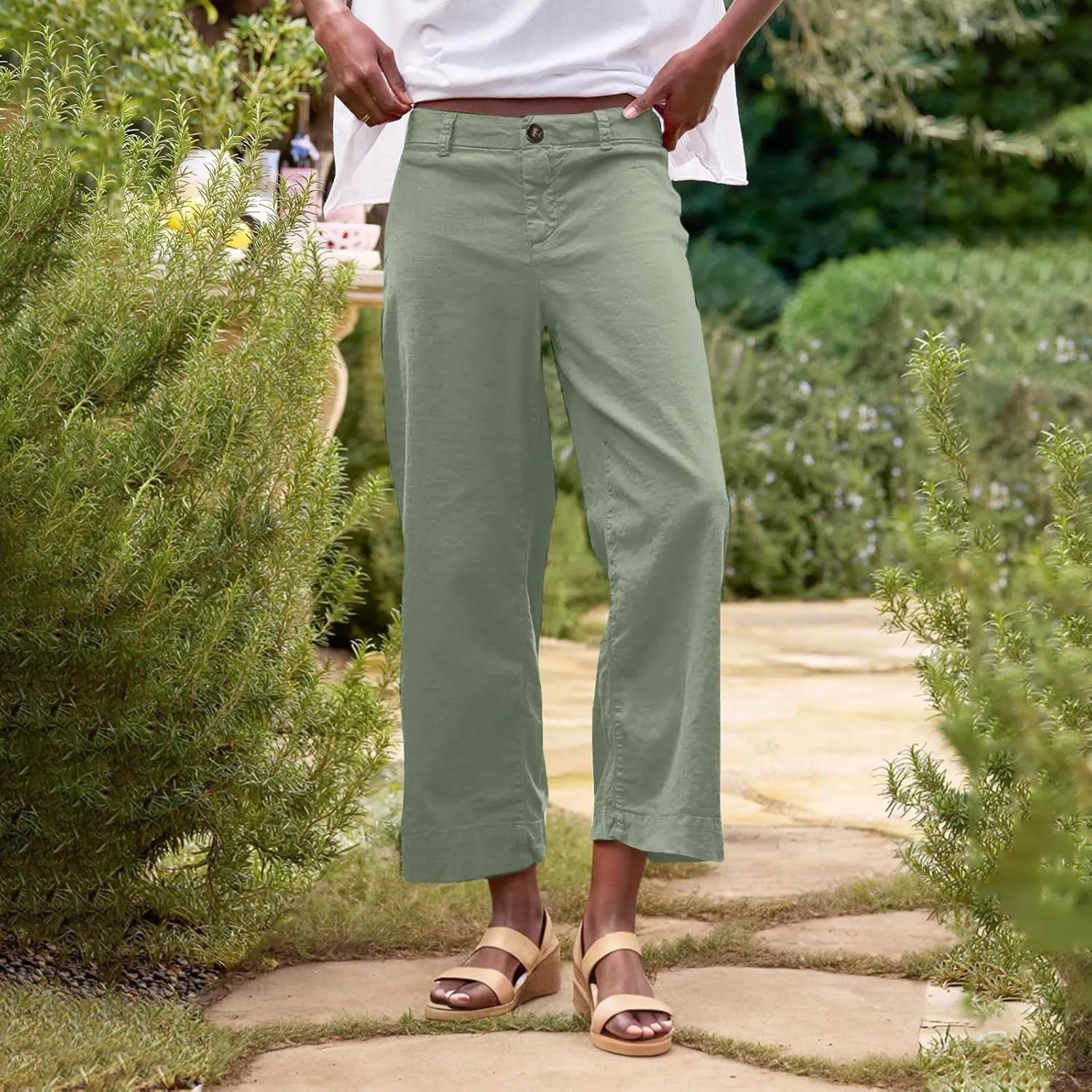 Wide Leg Dress Pants for Women High Waisted Business Work Casual Pants Summer Comfy Cropped Linen Palazzo Trousers