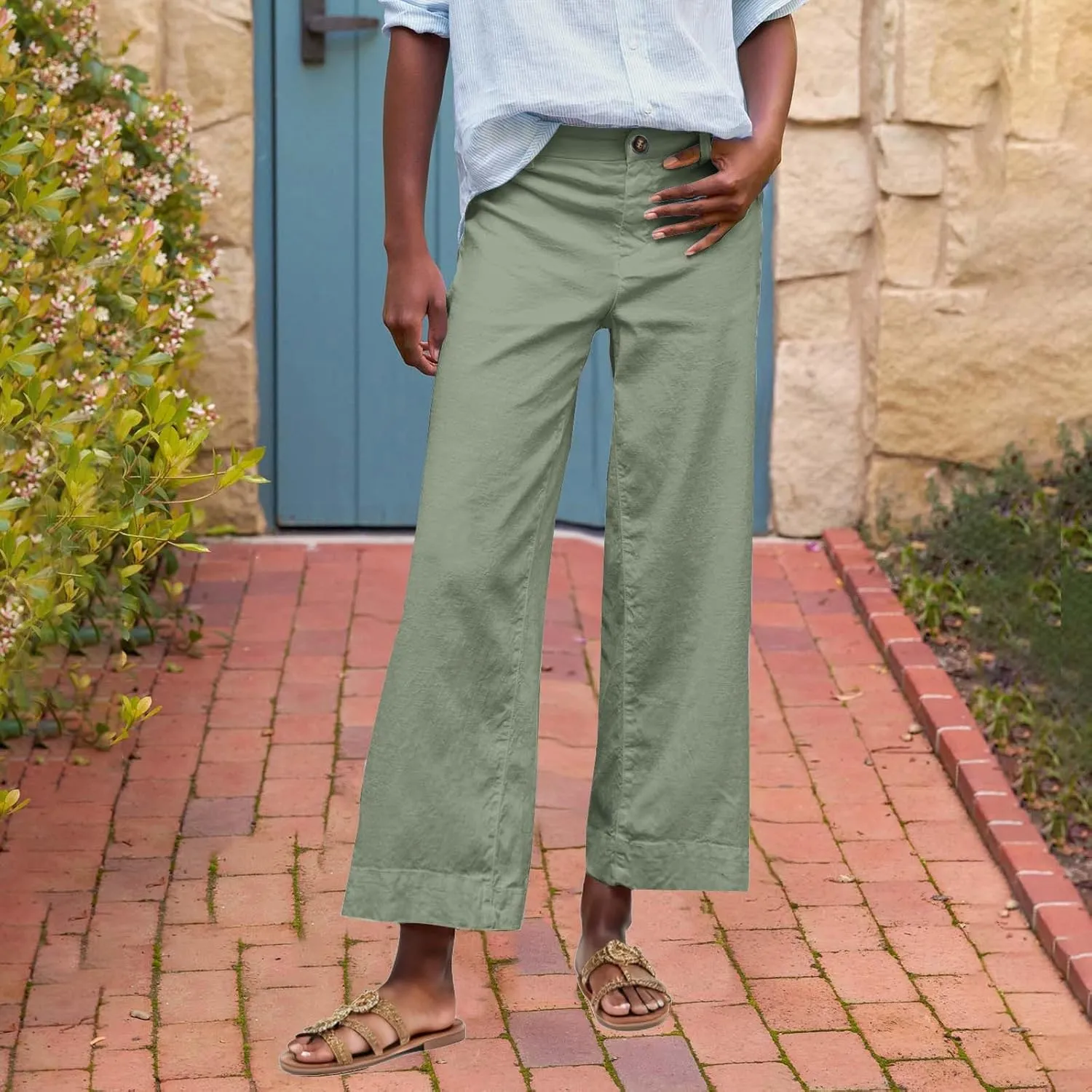 Wide Leg Dress Pants for Women High Waisted Business Work Casual Pants Summer Comfy Cropped Linen Palazzo Trousers