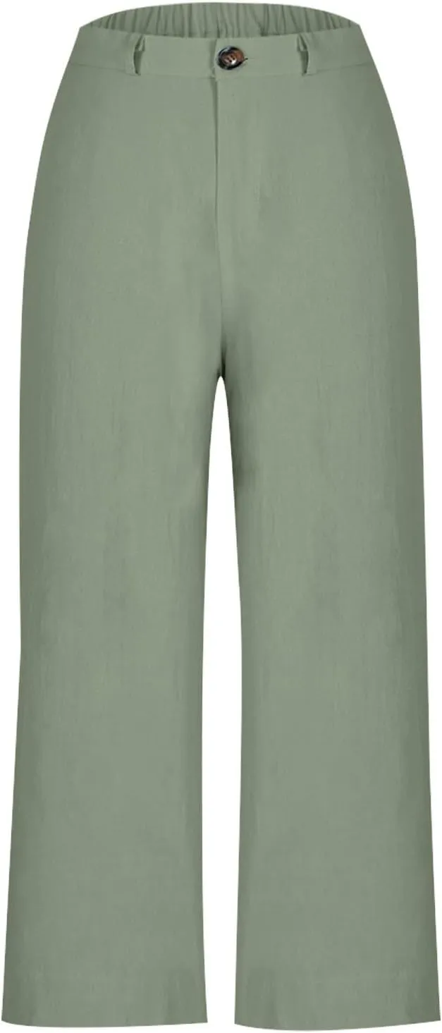 Wide Leg Dress Pants for Women High Waisted Business Work Casual Pants Summer Comfy Cropped Linen Palazzo Trousers