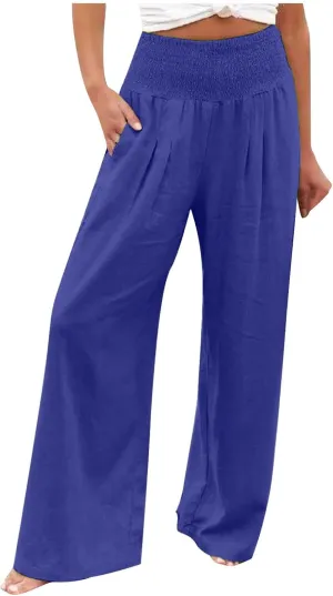 Wide Leg Pants for Women Summer Palazzos Cotton Linen Smocked Beach Vacation Pants High Waisted Elegant Flowy Trousers