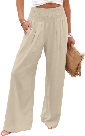 Wide Leg Pants for Women Summer Palazzos Cotton Linen Smocked Beach Vacation Pants High Waisted Elegant Flowy Trousers