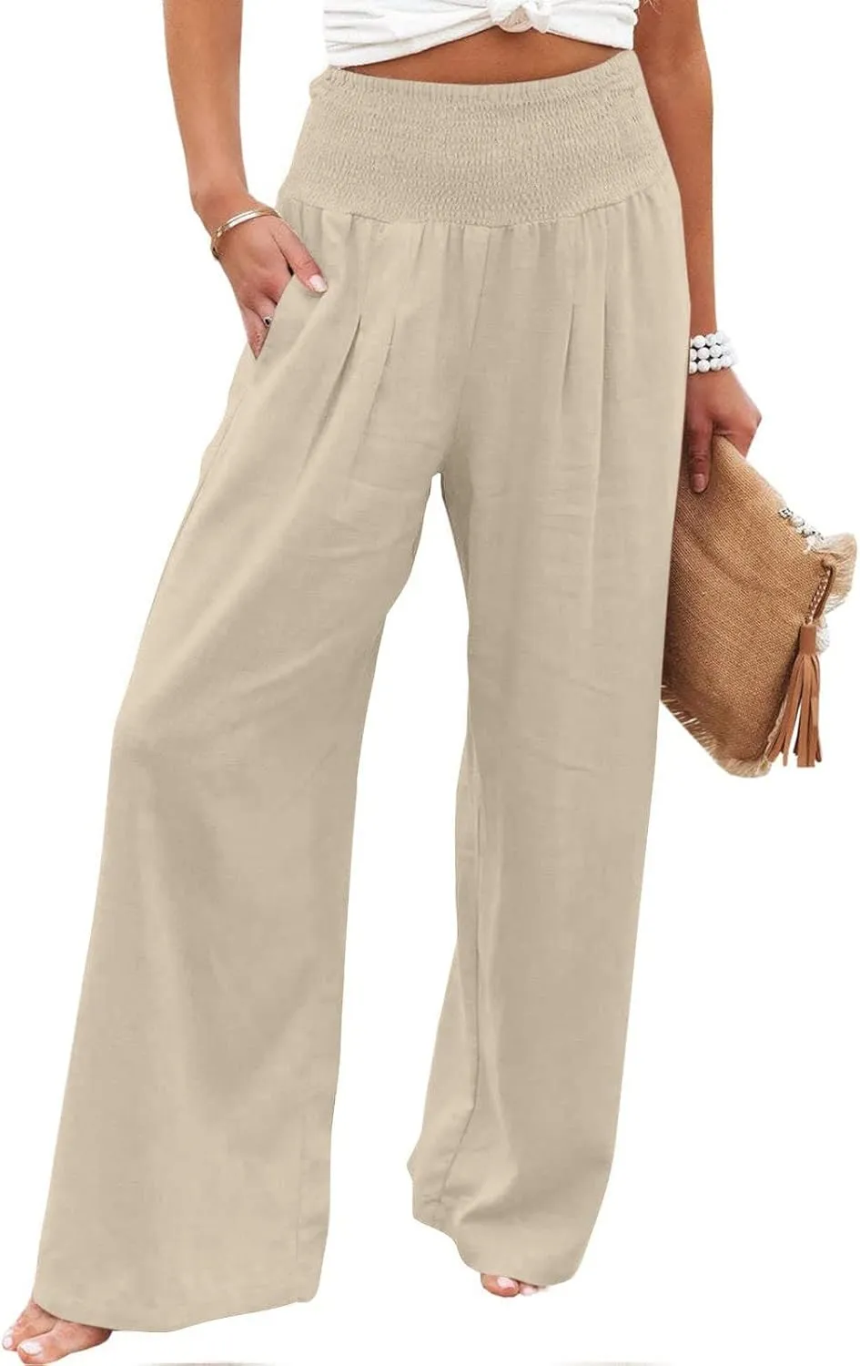 Wide Leg Pants for Women Summer Palazzos Cotton Linen Smocked Beach Vacation Pants High Waisted Elegant Flowy Trousers