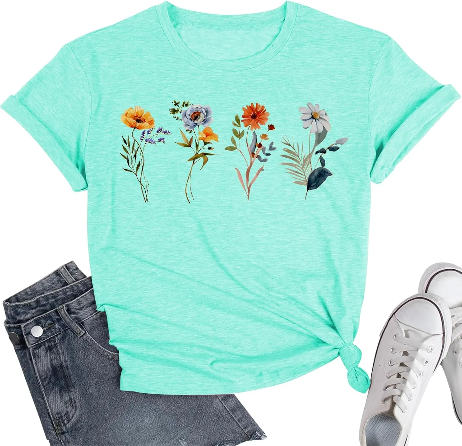 Wildflower Shirts for Women Vintage Summer Flower Graphic Tees Cute Garden Plant Lover Tops