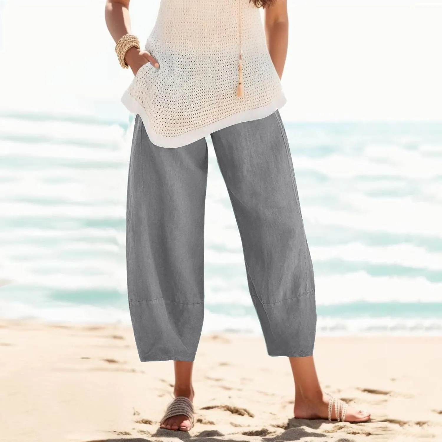 Women Cotton Linen Summer Comfy Palazzo Pants High Waist Wide Leg Loose Fit Palazzo Pants Beach