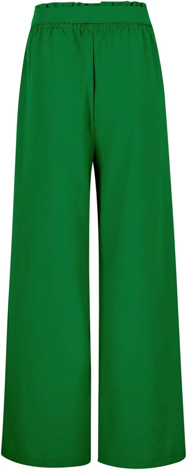 Women Cotton Linen Summer Comfy Pants Elastic Waist Wide Leg Plus Size Trouser Trendy