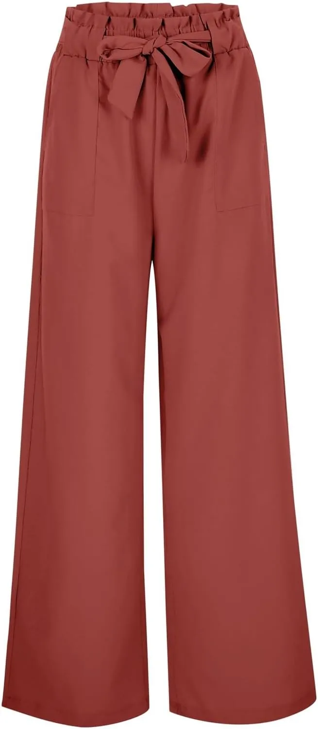 Women Cotton Linen Summer Comfy Pants Elastic Waist Wide Leg Plus Size Trouser Trendy