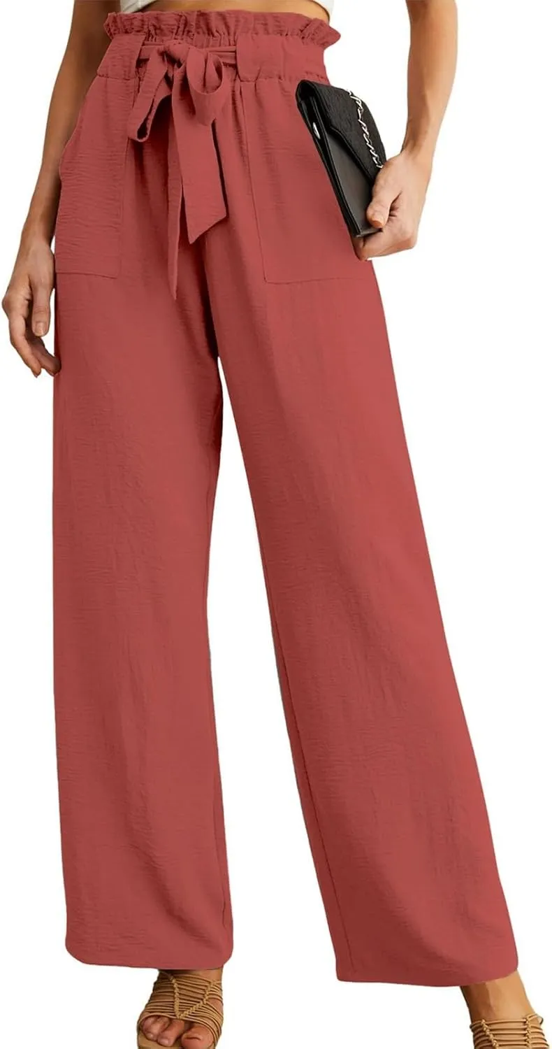 Women Cotton Linen Summer Comfy Pants Elastic Waist Wide Leg Plus Size Trouser Trendy