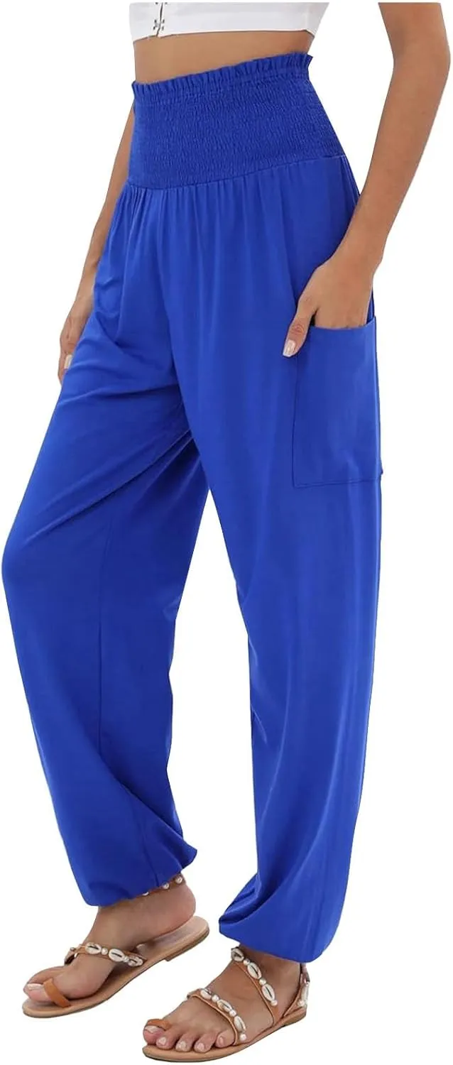 Women Cotton Linen Summer Comfy Pants Elastic Waist Wide Leg Plus Size Trouser Trendy