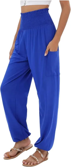 Women Cotton Linen Summer Comfy Pants Elastic Waist Wide Leg Plus Size Trouser Trendy