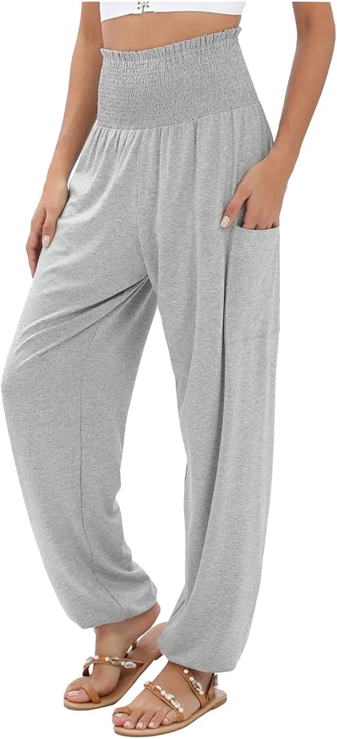 Women Cotton Linen Summer Comfy Pants Elastic Waist Wide Leg Plus Size Trouser Trendy