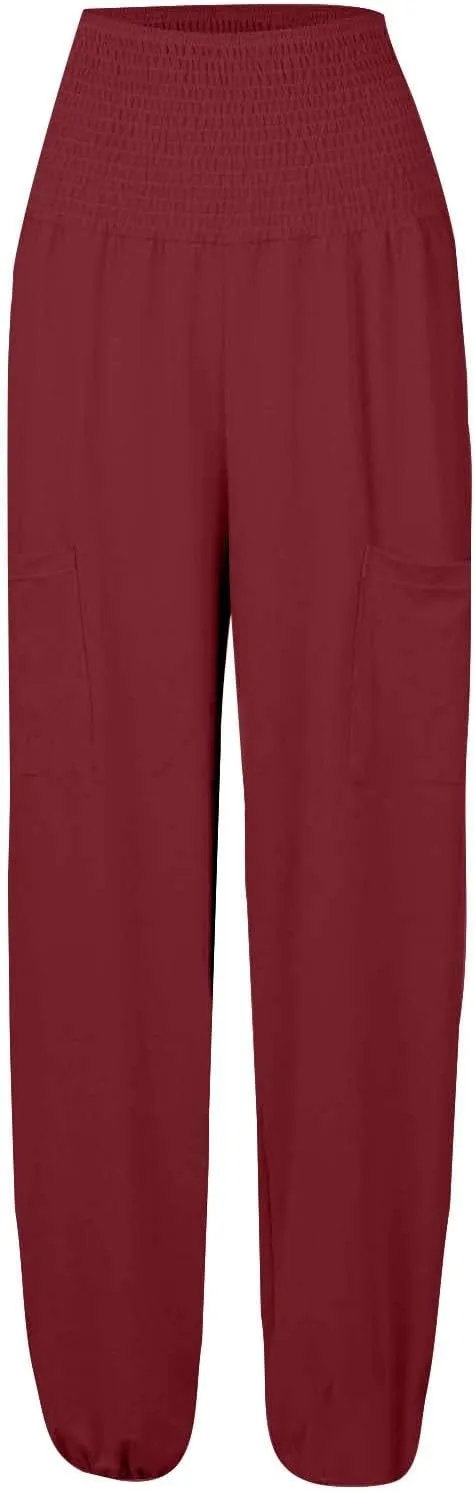 Women Cotton Linen Summer Comfy Pants Elastic Waist Wide Leg Plus Size Trouser Trendy