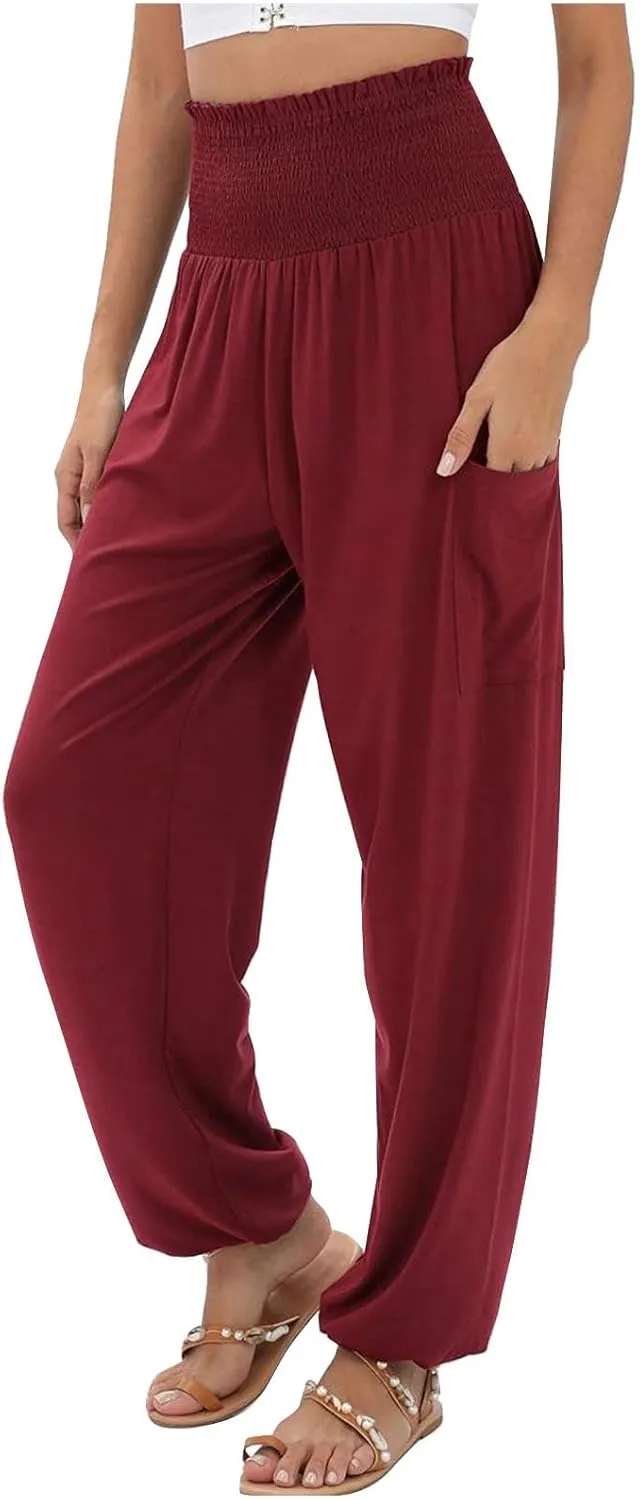 Women Cotton Linen Summer Comfy Pants Elastic Waist Wide Leg Plus Size Trouser Trendy