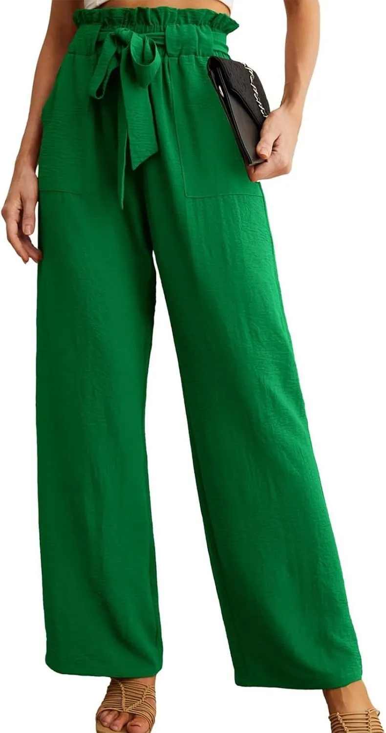 Women Cotton Linen Summer Comfy Pants Elastic Waist Wide Leg Plus Size Trouser Trendy