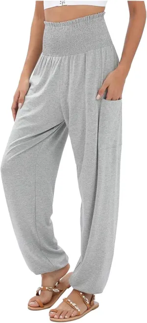 Women Cotton Linen Summer Comfy Pants Elastic Waist Wide Leg Plus Size Trouser Trendy