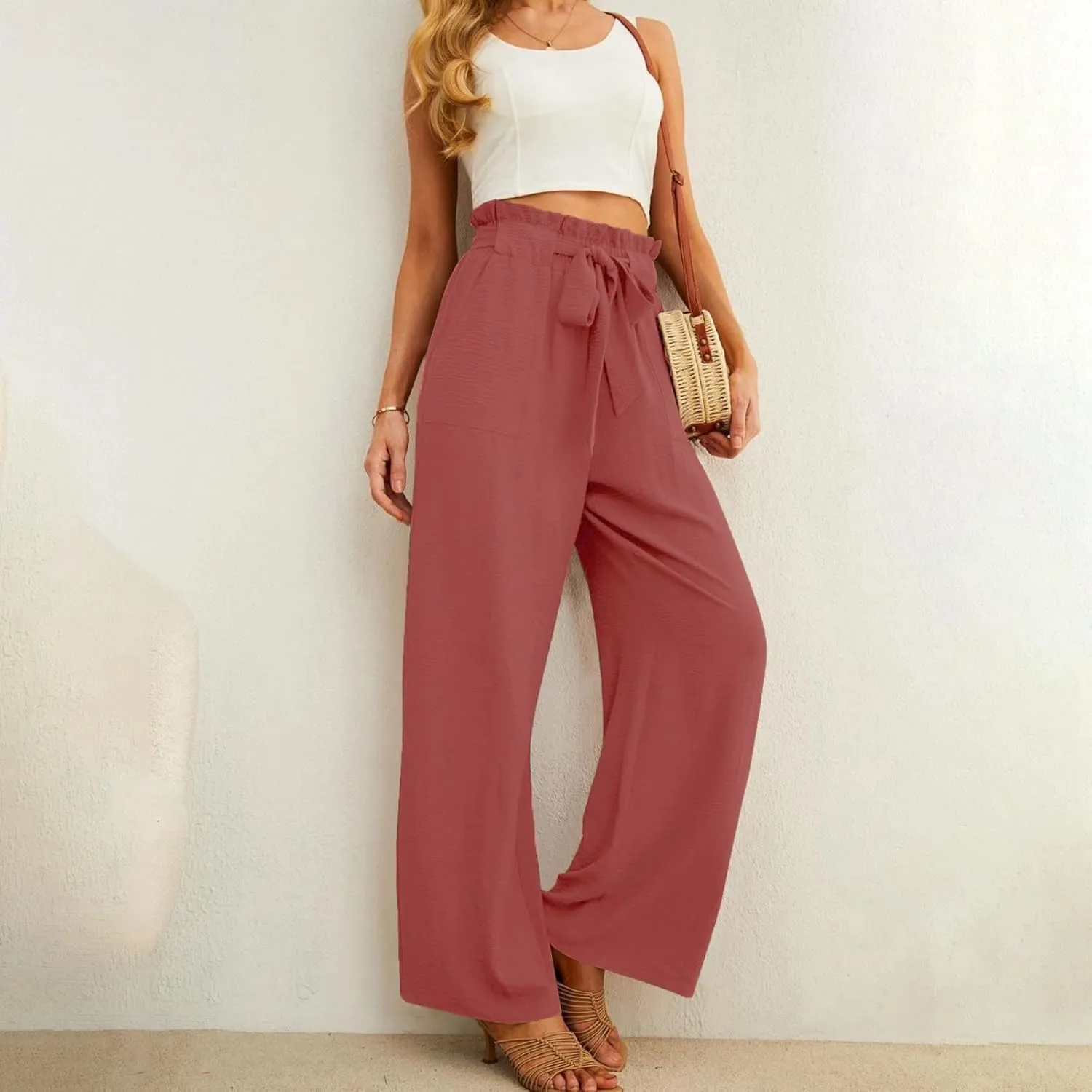 Women Cotton Linen Summer Comfy Pants Elastic Waist Wide Leg Plus Size Trouser Trendy