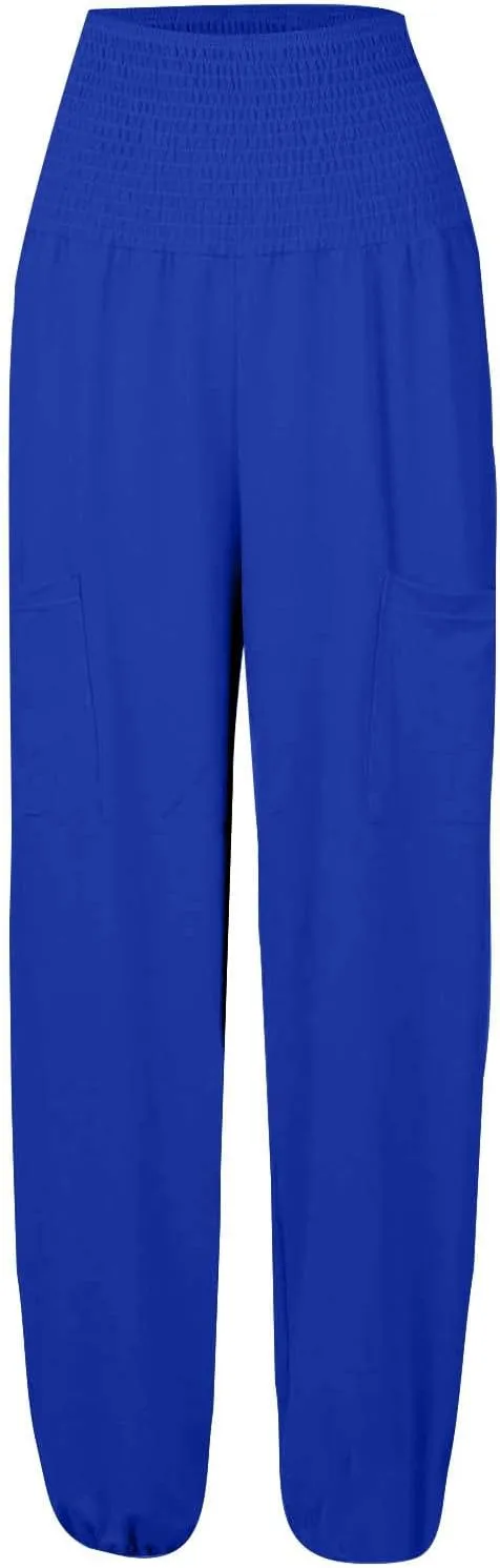 Women Cotton Linen Summer Comfy Pants Elastic Waist Wide Leg Plus Size Trouser Trendy