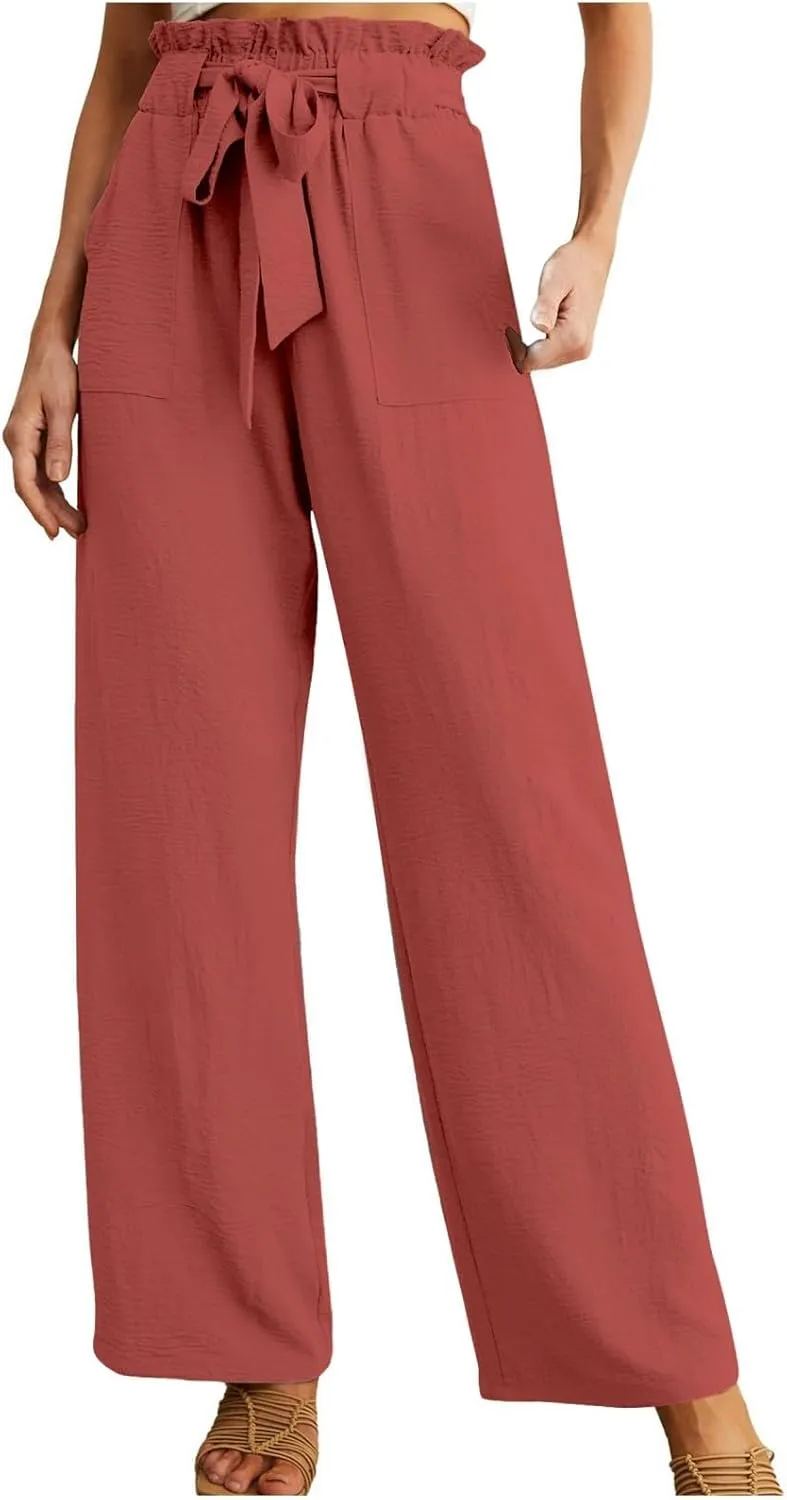 Women Cotton Linen Summer Comfy Pants Elastic Waist Wide Leg Plus Size Trouser Trendy