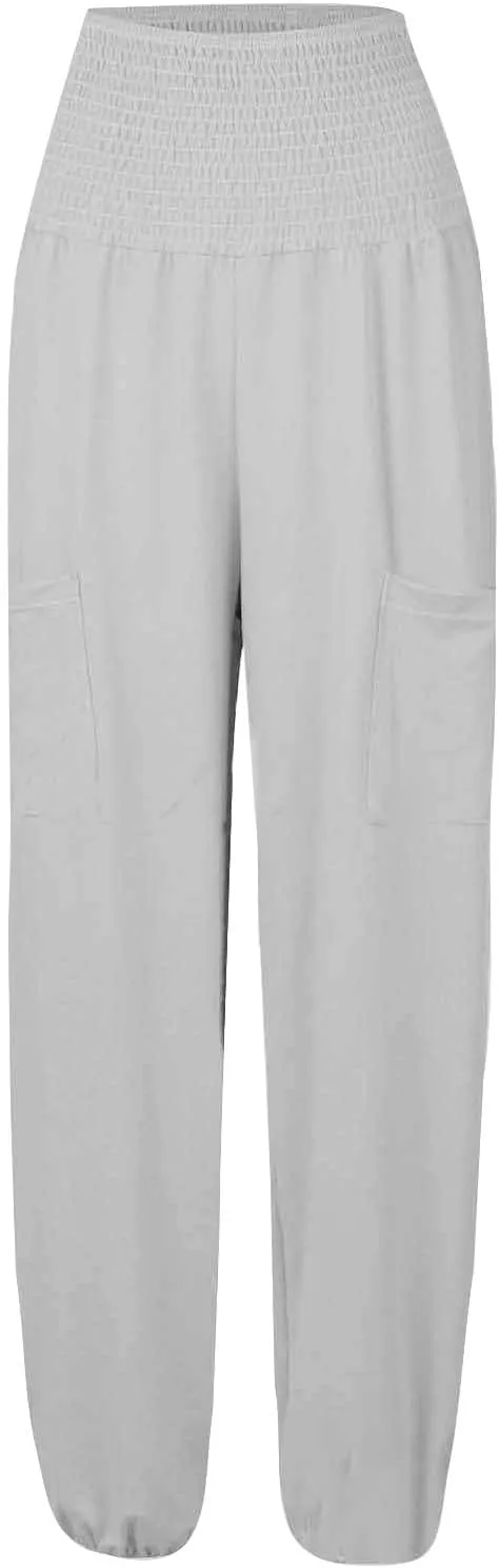 Women Cotton Linen Summer Comfy Pants Elastic Waist Wide Leg Plus Size Trouser Trendy