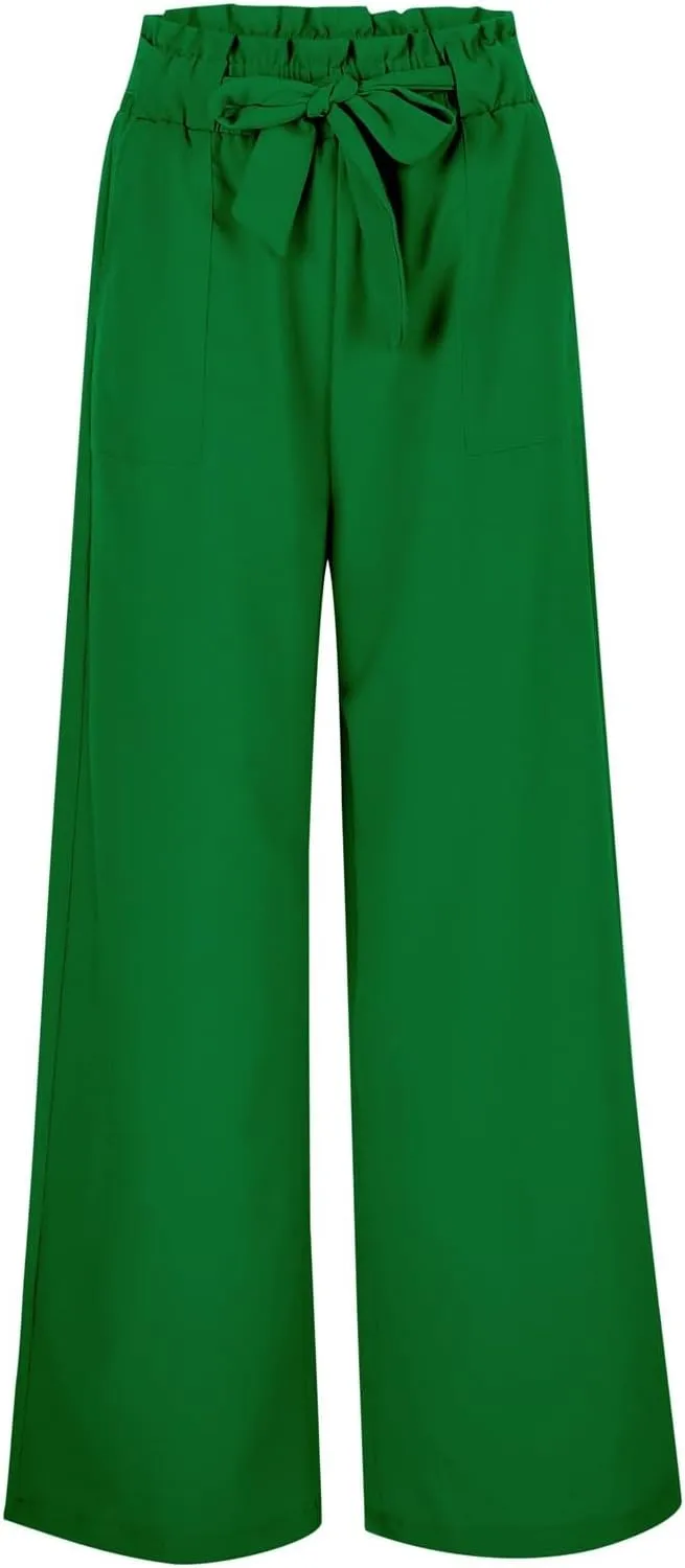 Women Cotton Linen Summer Comfy Pants Elastic Waist Wide Leg Plus Size Trouser Trendy