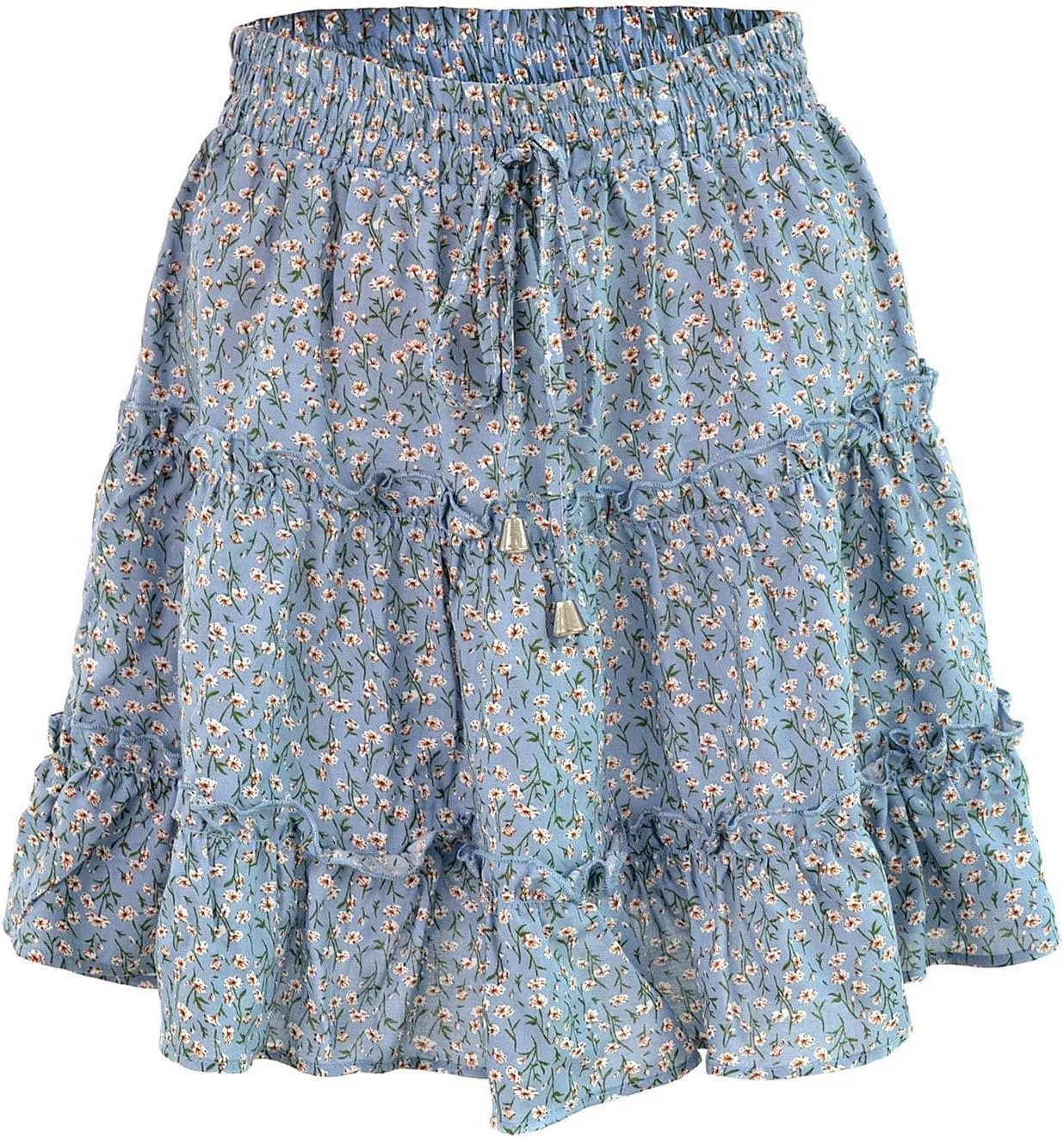 Women Elastic Waist Mini Skirts Floral Printed Pleated Ruffle Hem Flowy A Line Skirt Beach Vacation Skorts