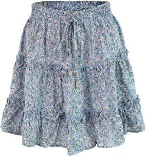Women Elastic Waist Mini Skirts Floral Printed Pleated Ruffle Hem Flowy A Line Skirt Beach Vacation Skorts