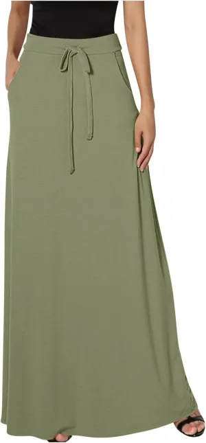 Women Elegant Maxi Skirts Drawstring Waist Casual Long Skirt with Pocket, Dressy Plain Midi Skirt Flowy Half Dress