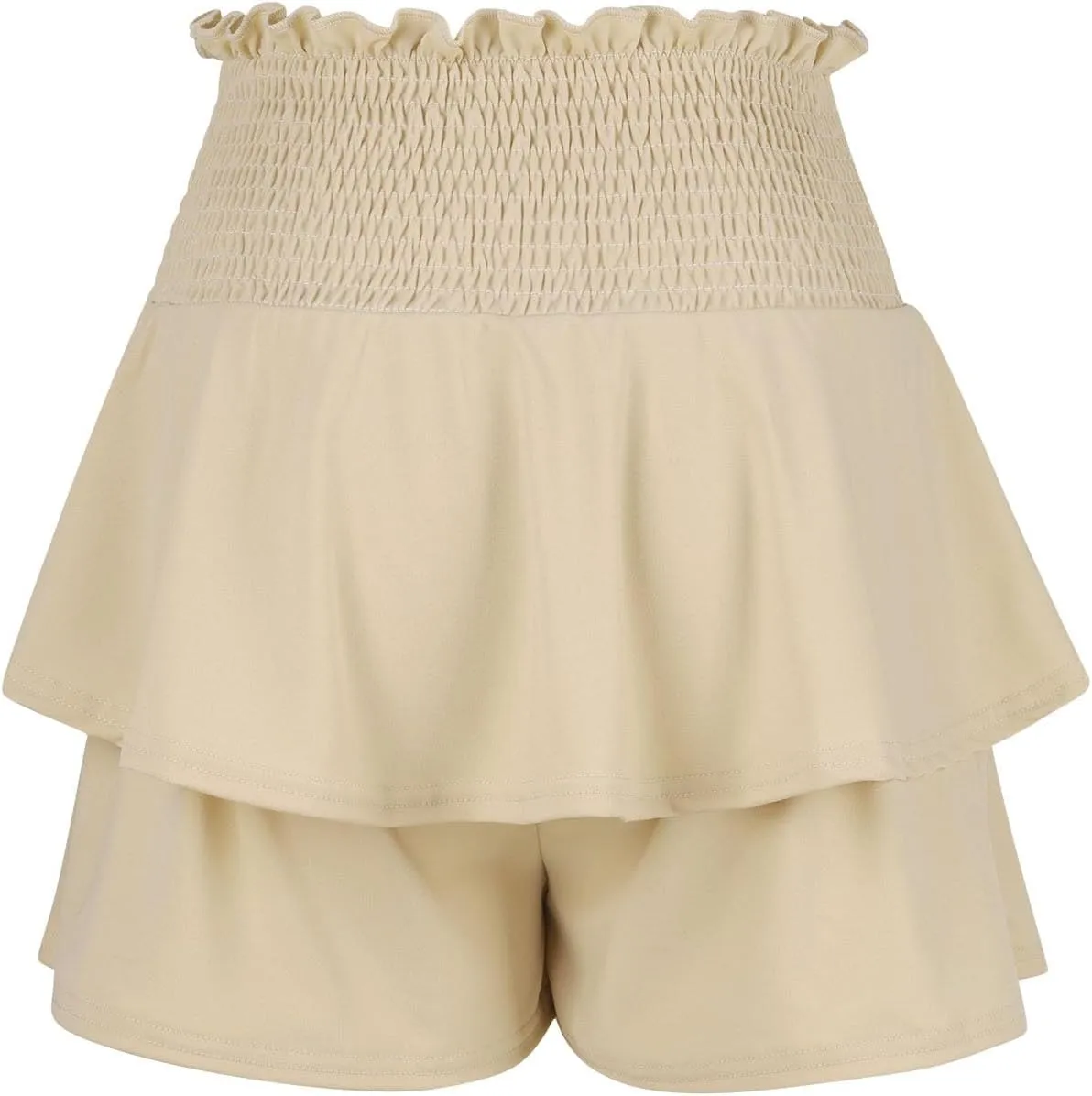 Women Flowy High Waisted Shorts Summer Casual Ruffle Double Layered Hem Skorts Smocked Waist Comfy Lounge Short Pants